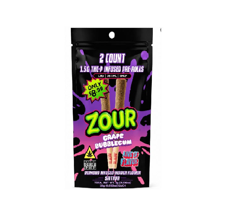 ZOUR INFUSED CBG D8 THC THCP PROLL GRAPE BUBLEGUM STVA 1.5GM 10CT