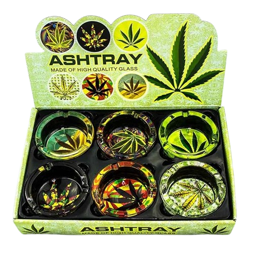 ASHTRAY ROUND GLASS ASSORTED LEAVE DESIGN 6CT