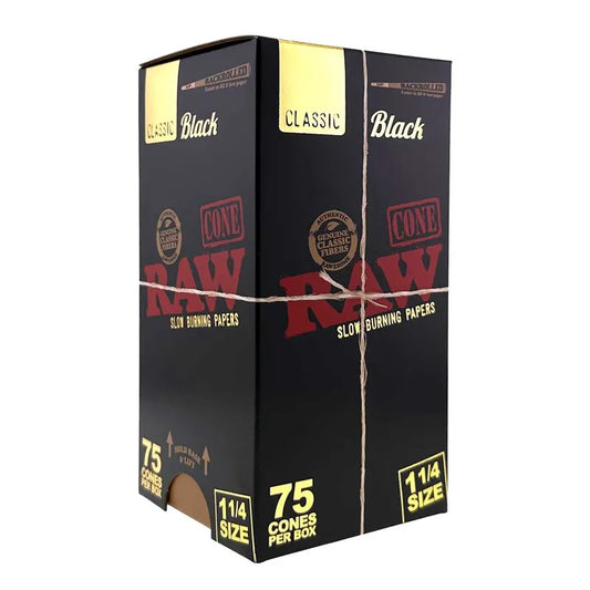 RAW CLASSIC BLACK CONE SLOW BURNING PAPER 1 1/4 SIZE 75CT