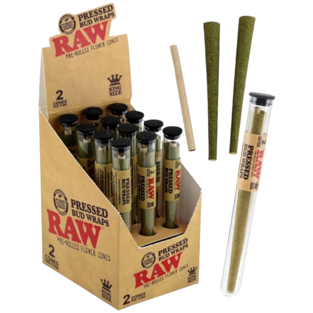 RAW CLASSIC KING SIZE PRESSED BUD WRAP CONES 2PK 12CT
