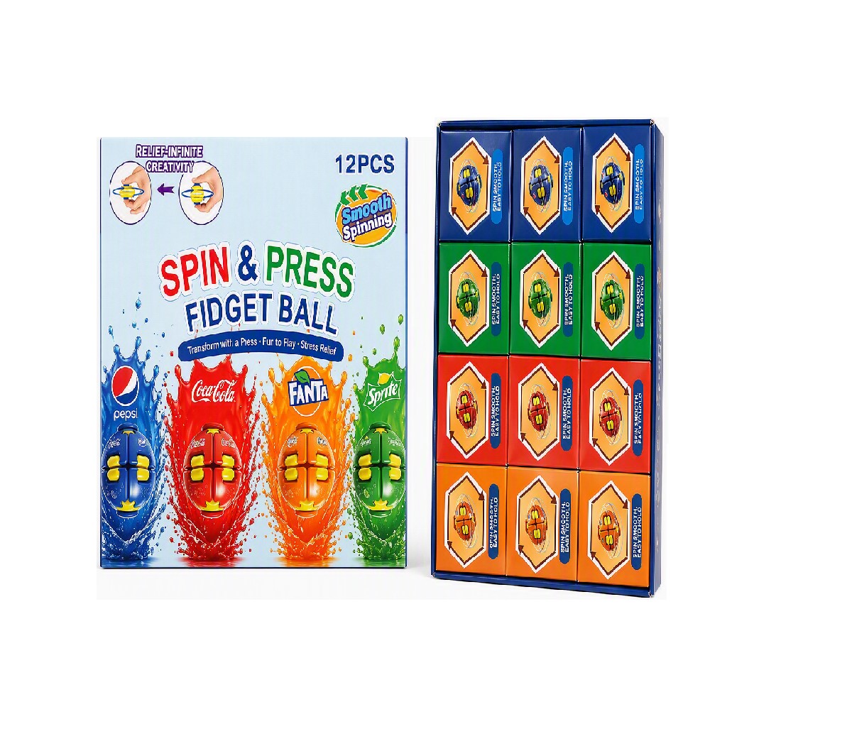 SPIN & PRESS FIDGET BALL 4 FLAVOR COLORS 12CT