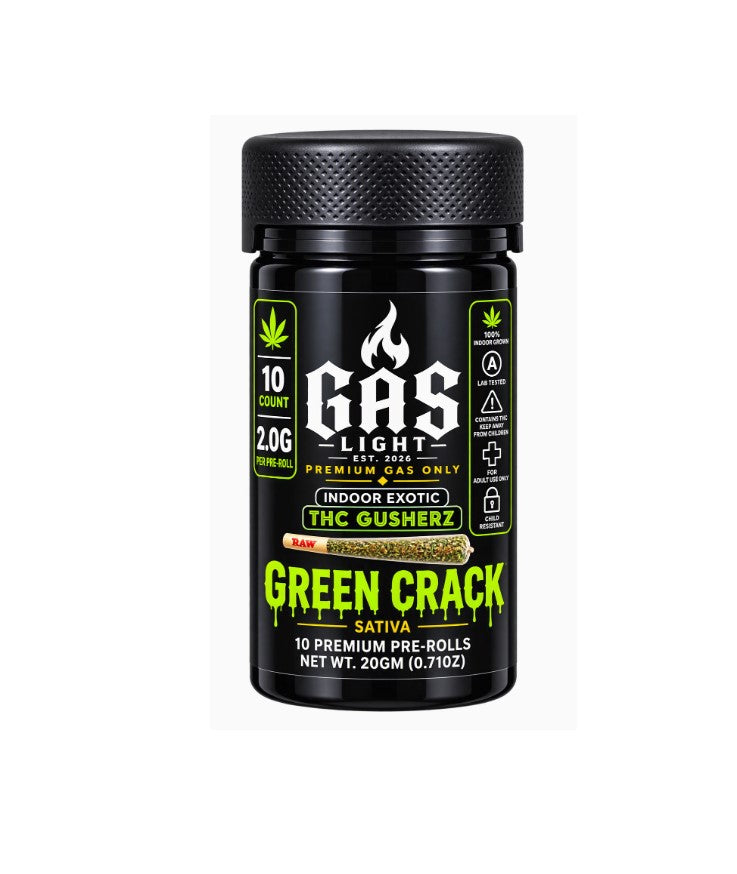 GAS LIGHT EXOTIC THC GUSHERZ GREEN CRACK PROLL STVA JAR 2GM 10CT